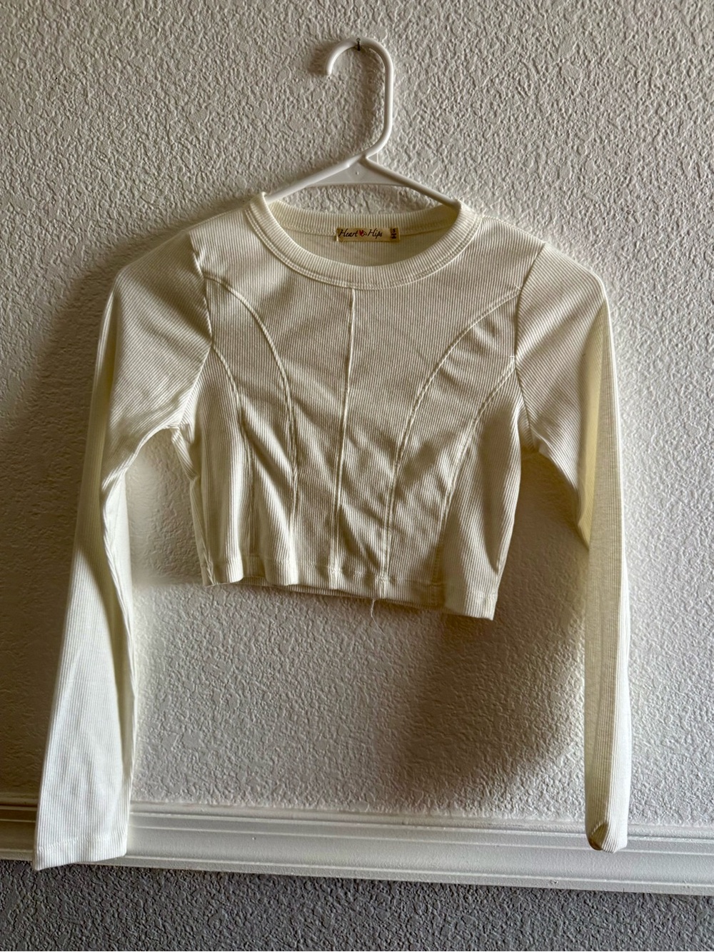 Heart Hips Ivory Ribbed Cropped Long-Sleeve Top